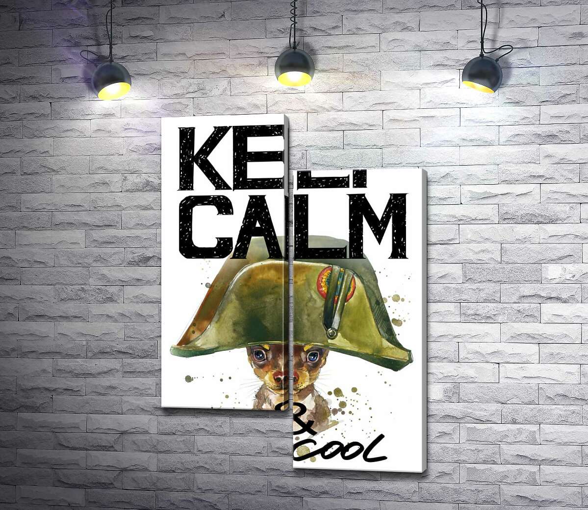 

Модульная картина ArtPoster Чихуахуа в шапке Наполеона среди надписи "keep calm and be cool" 100x147 см Модуль №5