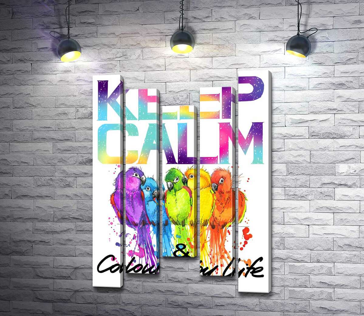 

Модульная картина ArtPoster Яркое оперение попугаев среди надписи "keep calm and colour your life" 130x192 см Модуль №28