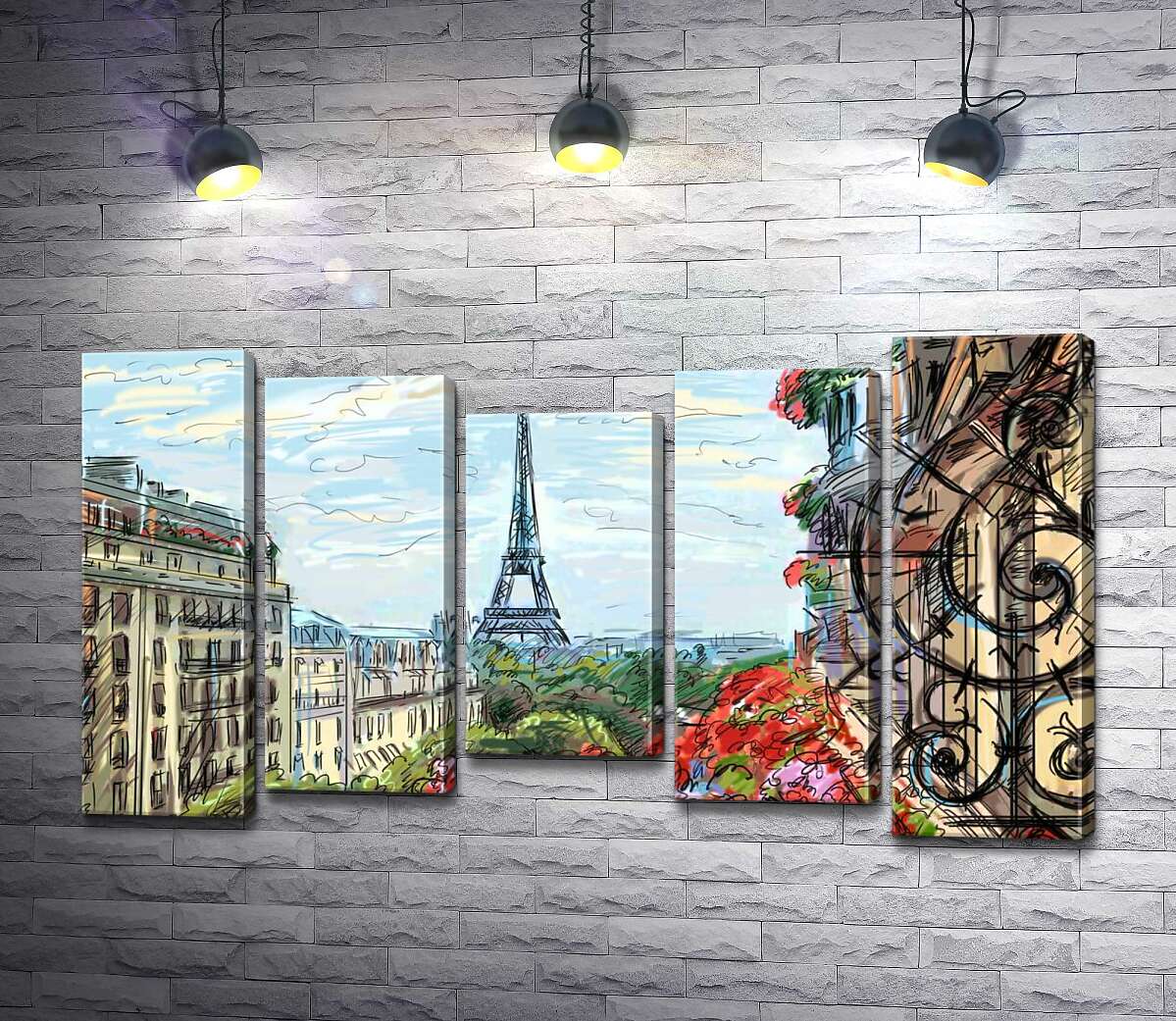 

Модульная картина ArtPoster Эйфелева башня (Eiffel tower) виднеется с летнего балкона старого дома 130x75 см Модуль №28