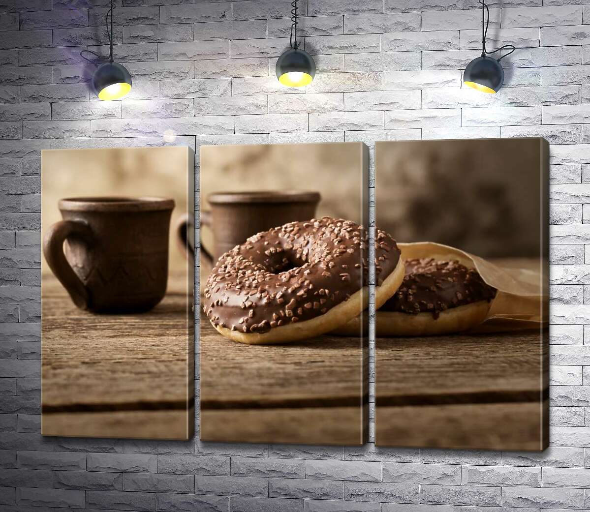 

Модульная картина ArtPoster Шоколадные донатсы к кофе в глиняных чашках 60x40 см Модуль №11