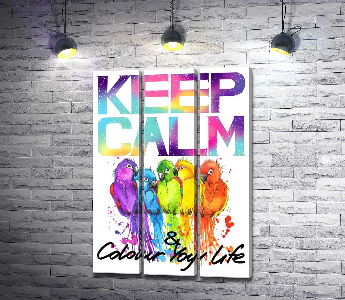 

Модульная картина ArtPoster Яркое оперение попугаев среди надписи "keep calm and colour your life" 102x146 см Модуль №11