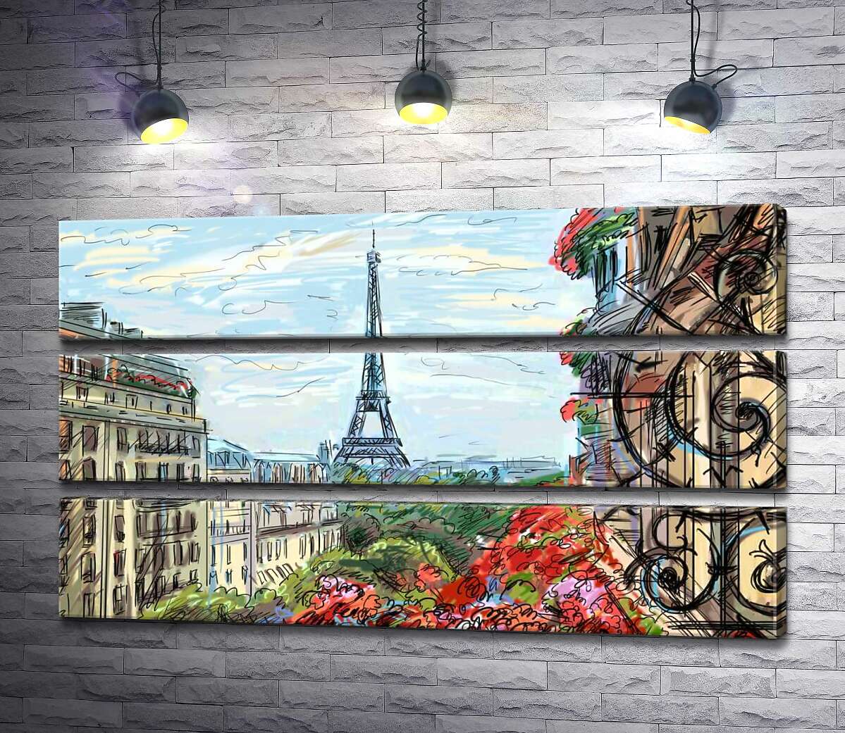 

Модульная картина ArtPoster Эйфелева башня (Eiffel tower) виднеется с летнего балкона старого дома 130x75 см Модуль №13