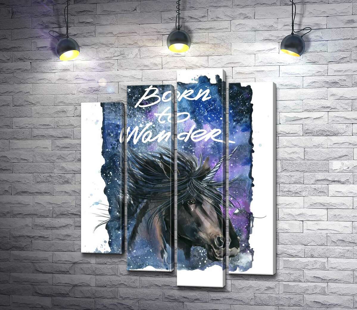 

Модульная картина ArtPoster Черный единорог на космическом фоне с надписью "born to wander" 132x168 см Модуль №21