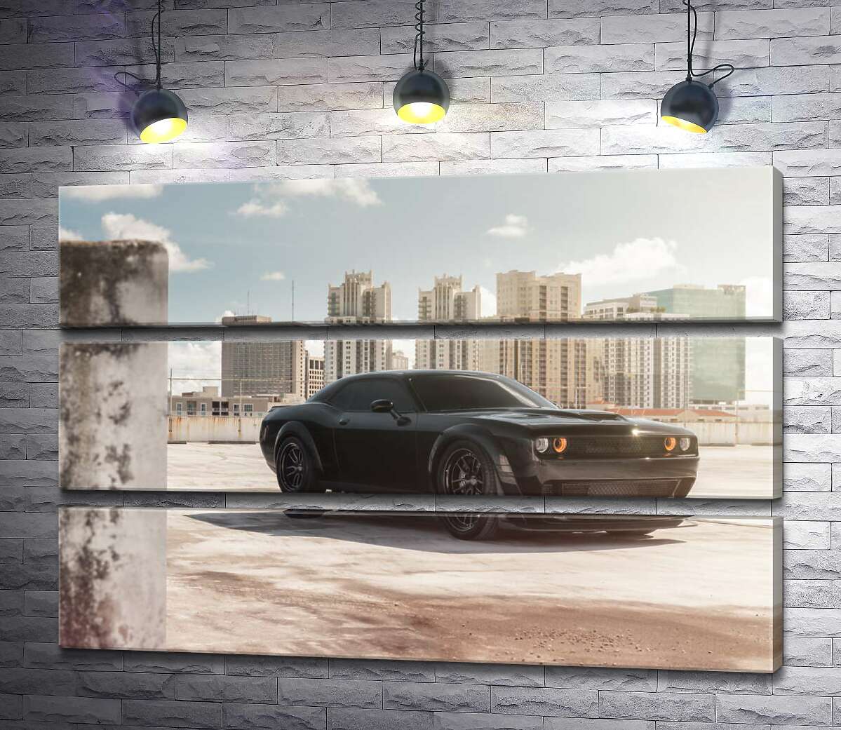 

Модульная картина ArtPoster Черный автомобиль Dodge Challenger Hellcat на фоне домов 90x60 см Модуль №13