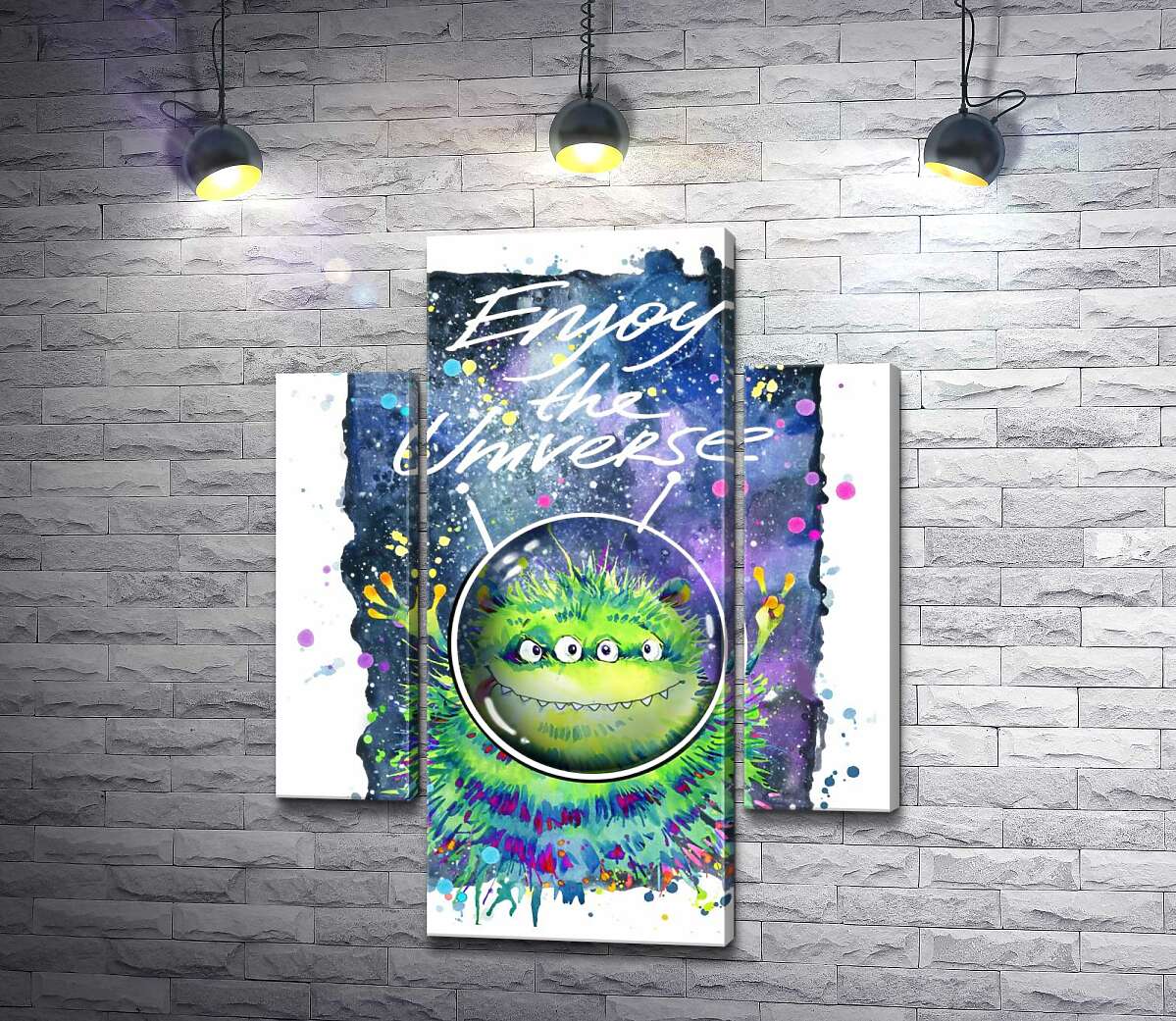 

Модульная картина ArtPoster Четырехглазый зеленый монстр летает в космосе возле надписи "Enjoy the Universe" 80x104 см Модуль №7