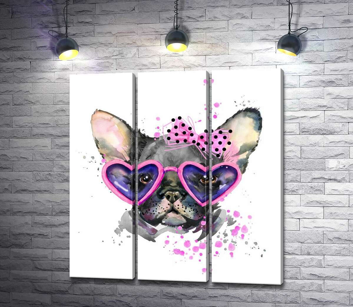 

Модульная картина ArtPoster Черный французский бульдог с розовым бантом на голове и в очках-сердечках 132x142 см Модуль №11