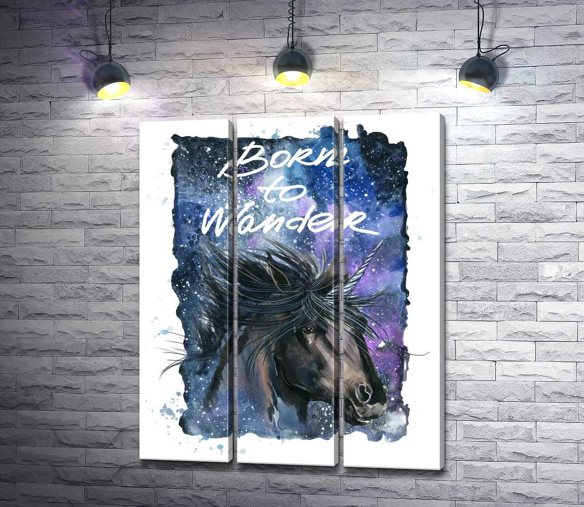 

Модульная картина ArtPoster Черный единорог на космическом фоне с надписью "born to wander" 132x166 см Модуль №11