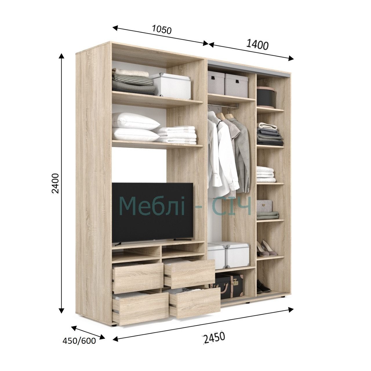 

Шкаф купе под ТВ Мебель Сич ШКТВ-1/245 (2450х450х2400) Дуб Крафт Белый