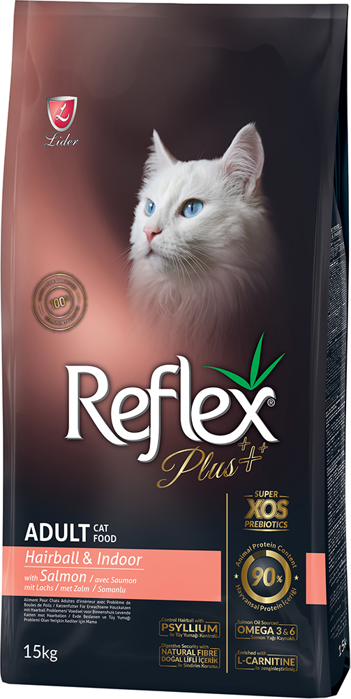 

Сухой корм Reflex Plus полноценный и сбалансированный для котов, живущих в помещении и вывод шерсти с лососем 15 кг