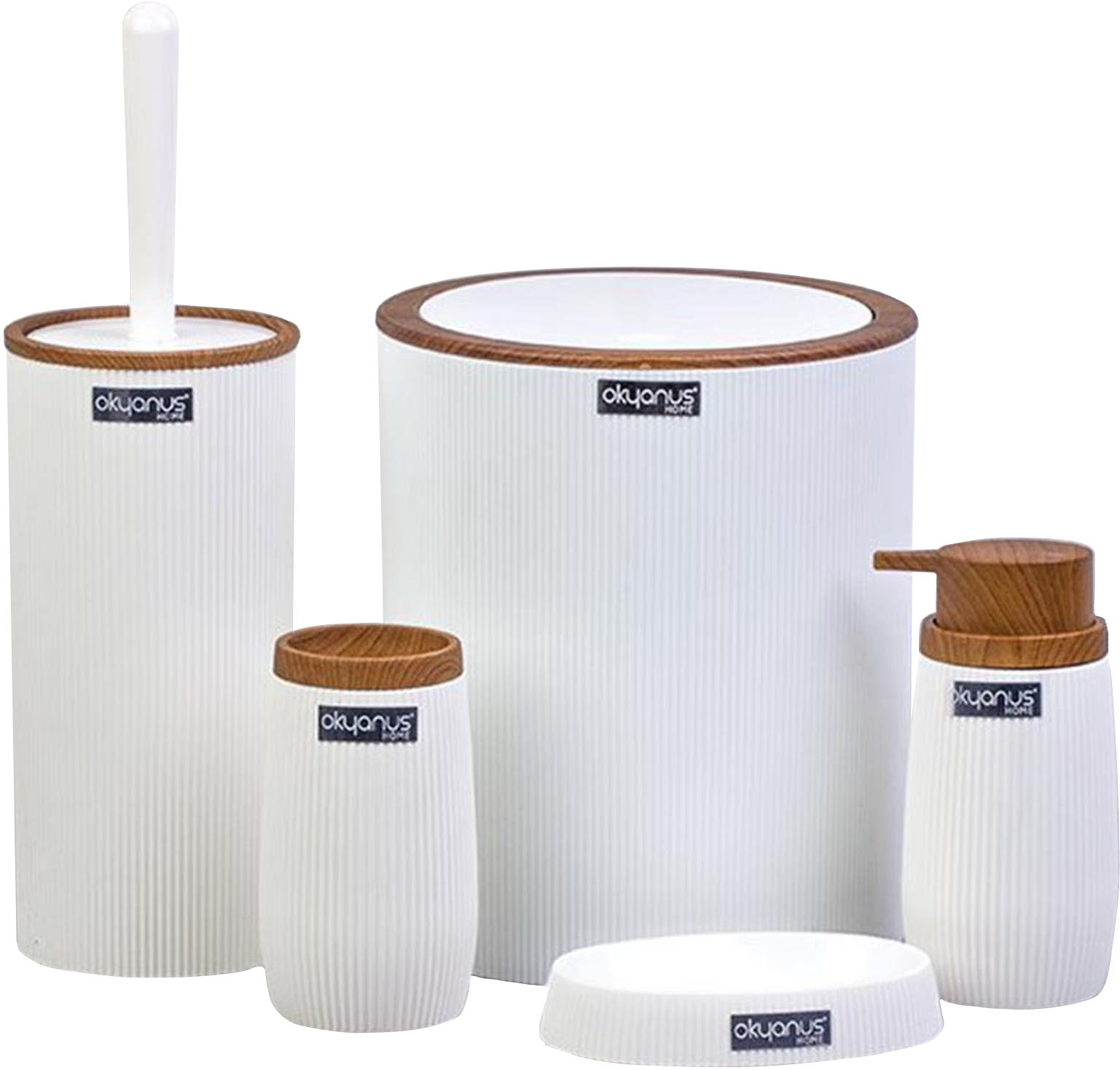 

Набор аксессуаров для ванной комнаты Okyanus Stripe Round Wooden OKY-478-3-B 5 предметов белый