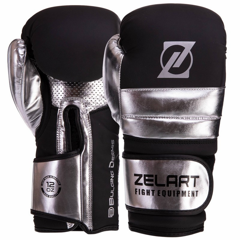 

Перчатки для бокса и единоборств на липучке Zelart Heroe 3083 Black-Silver 8 унций