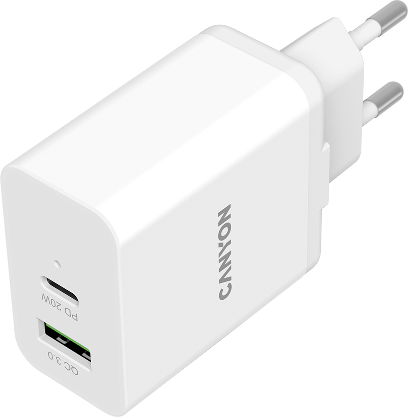 

Зарядное устройство Canyon H-20-03 PD 20W QC 3.0 18W USB-A USB-C White (CNE-CHA20W03)