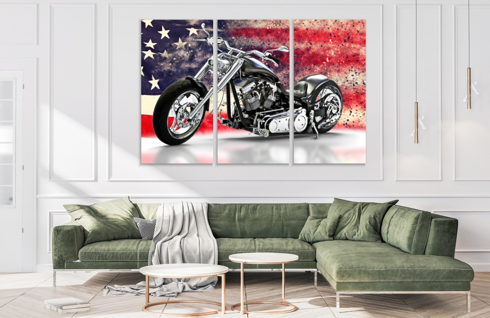 

Картина на холсте Модульные Модульная картина Black Motorcycle With American Flag 3 картины 40х80 см.