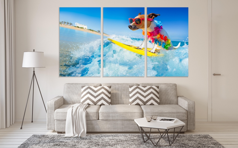 

Картина на холсте Модульные Модульная картина A Dog On A Surf On A Wave 3 картины 25х50 см.