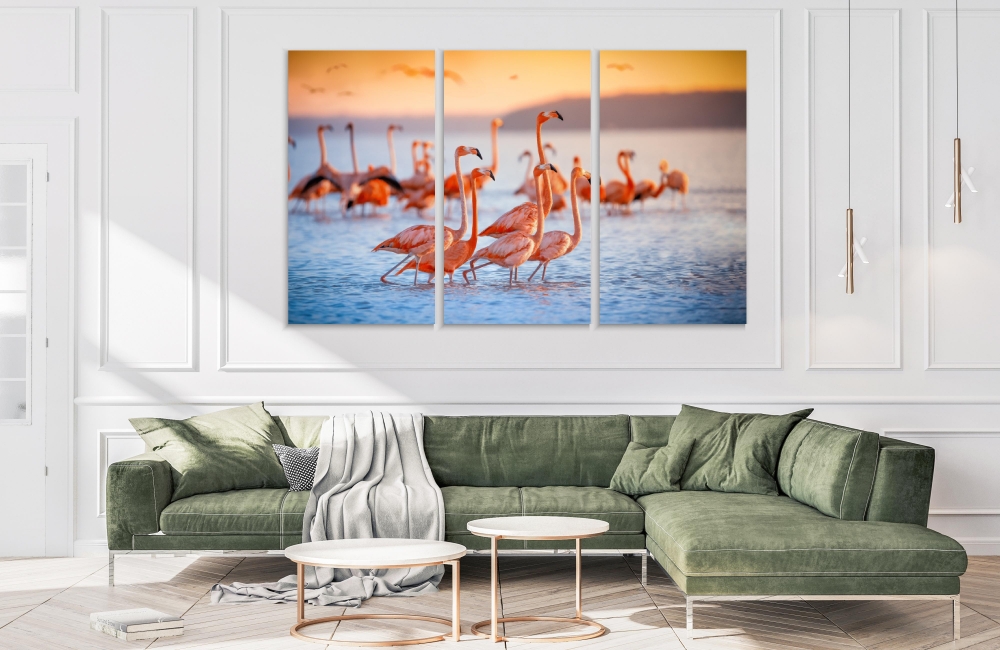 

Картина на холсте Модульные Модульная картина Flock Of Pink Flamingos 3 картины 45х90 см.