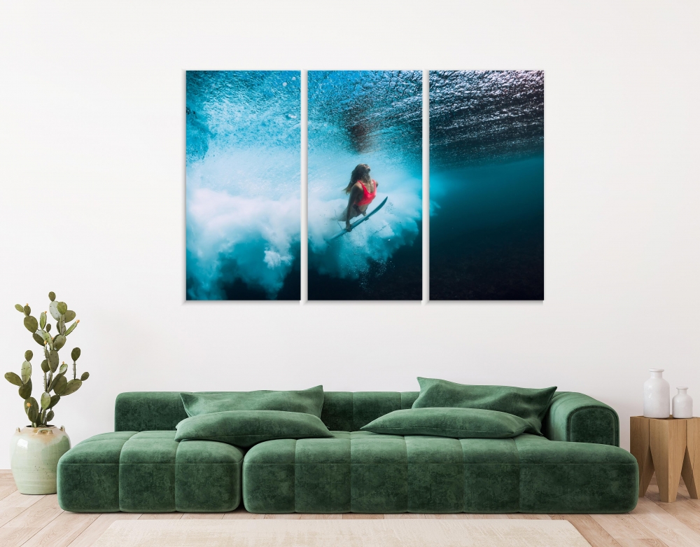 

Картина на холсте Модульные Модульная картина Attractive Surfer Woman Dive Underwater 3 картины 45х90 см.