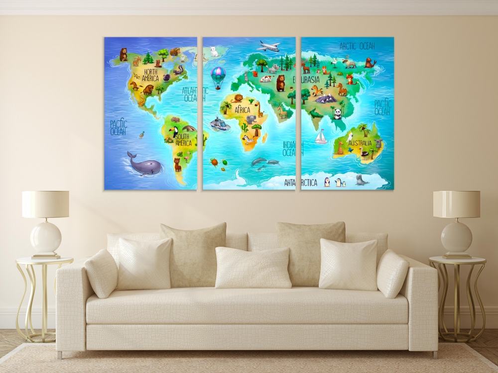 

Картина на холсте Модульные Модульная картина Children's World Map 3 картины 30х60 см.