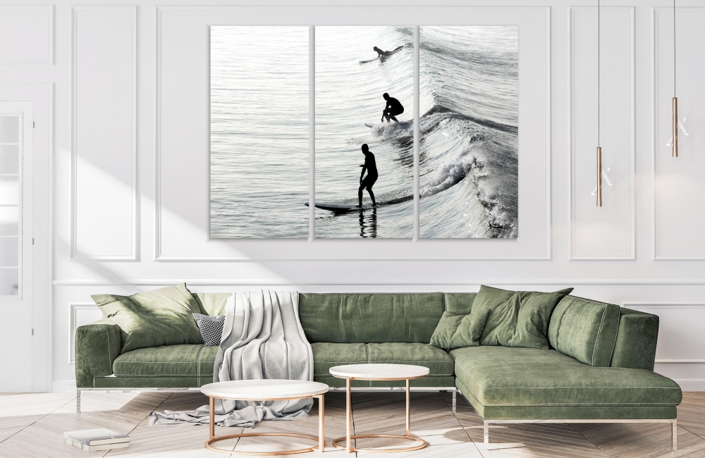 

Картина на холсте Модульные Модульная картина Three Silhouettes Of Surfers 3 картины 30х60 см.