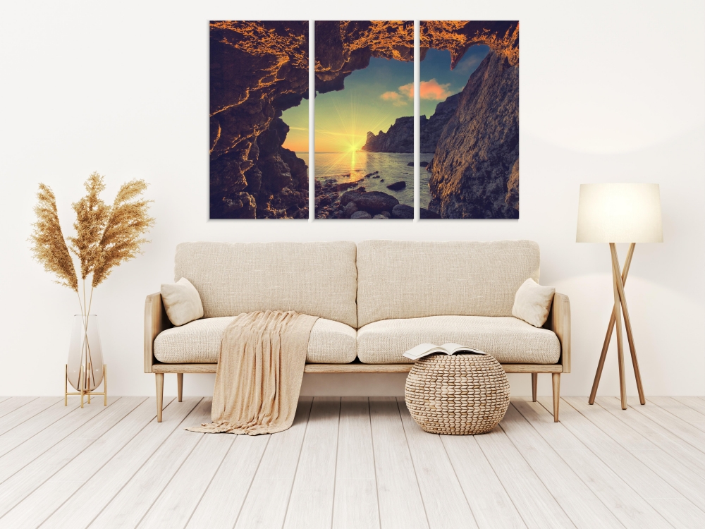 

Картина на холсте Модульные Модульная картина Sea ​​Sunset From A Mountain Cave 3 картины 40х80 см.