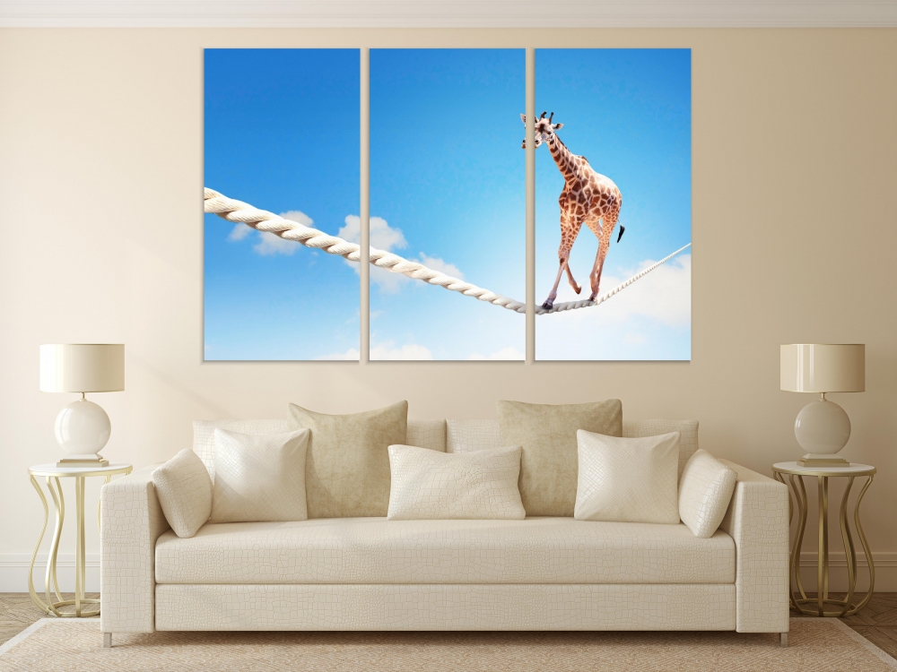 

Картина на холсте Модульные Модульная картина Giraffe Walking The Rope 3 картины 60х120 см.