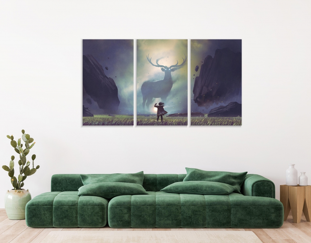 

Картина на холсте Модульные Модульная картина Deer In A Mysterious Valley 3 картины 70х140 см.