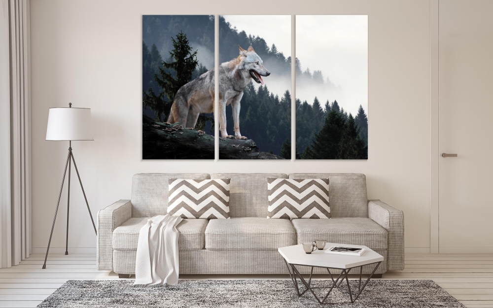 

Картина на холсте Модульные Модульная картина Wolf On The Hunt 3 картины 70х140 см.