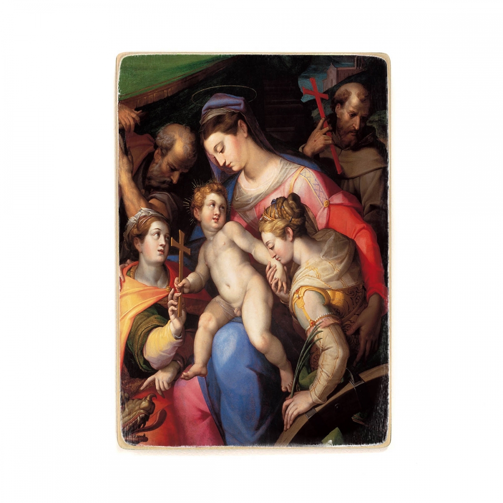 

Деревянный постер Искусство Orazio Samacchini - The Holy Family, with St Catherine of Alexandria, St Margaret of Antioch and St Francis of Assisi А1