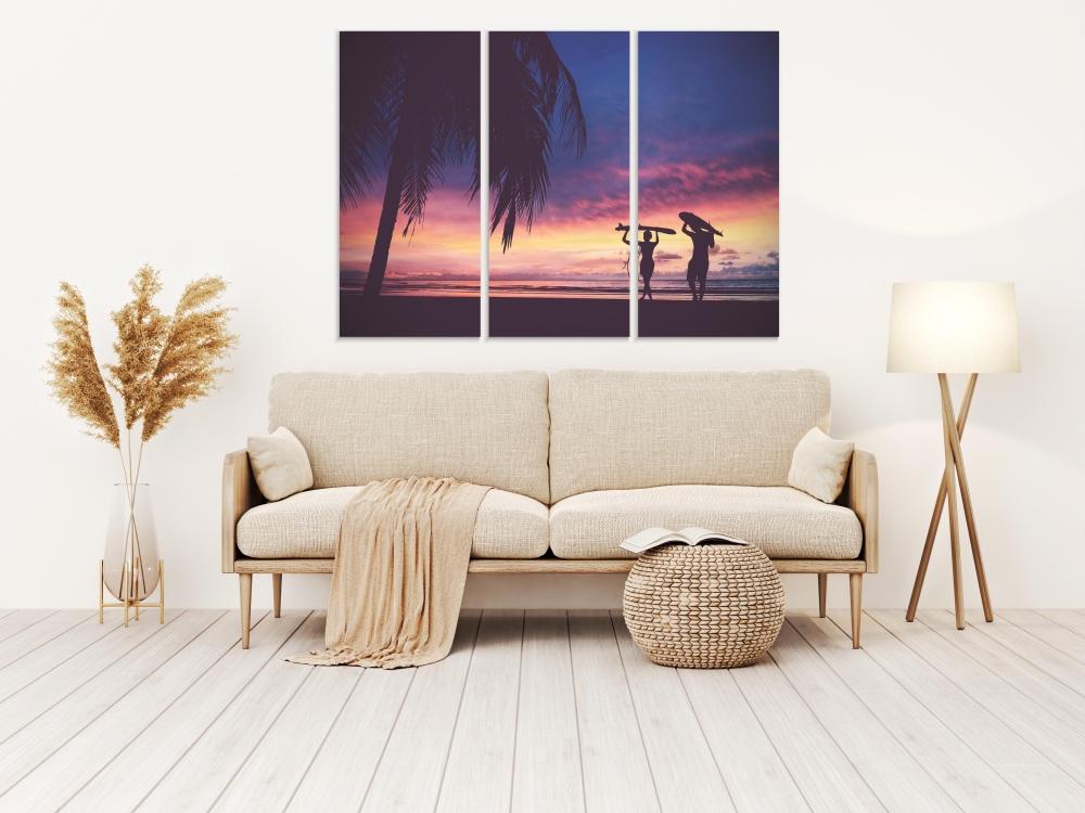 

Картина на холсте Модульные Модульная картина Silhouette Of Two Surfers 3 картины 60х120 см.
