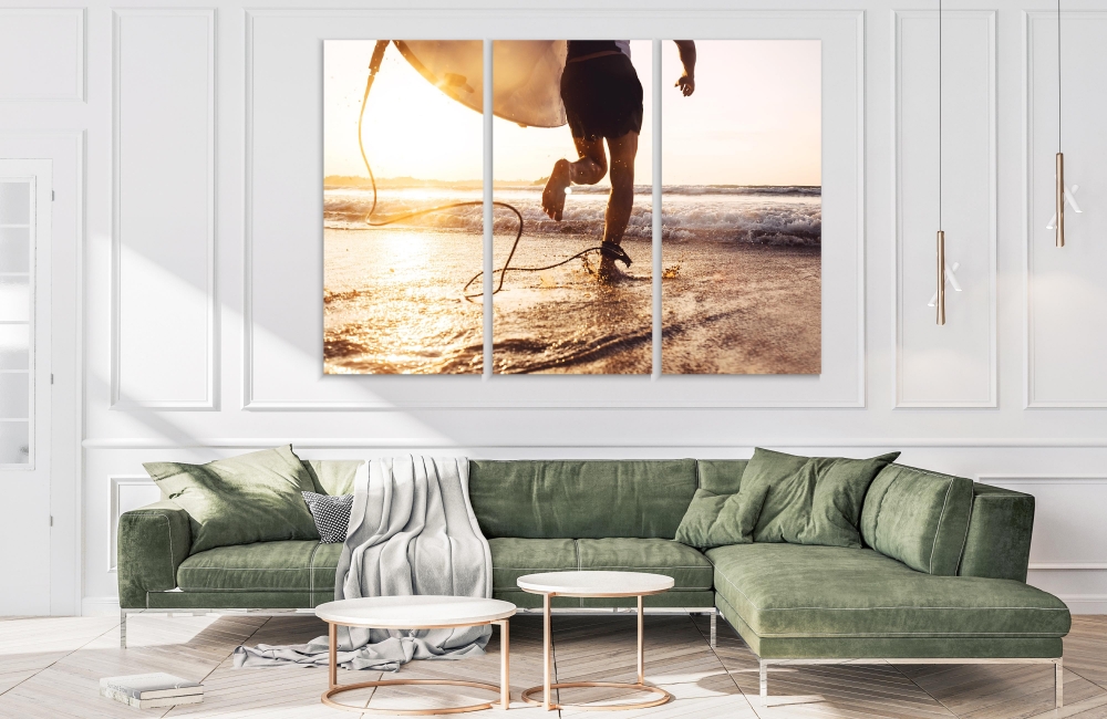 

Картина на холсте Модульные Модульная картина Surfer Man Running In The Ocean 3 картины 45х90 см.