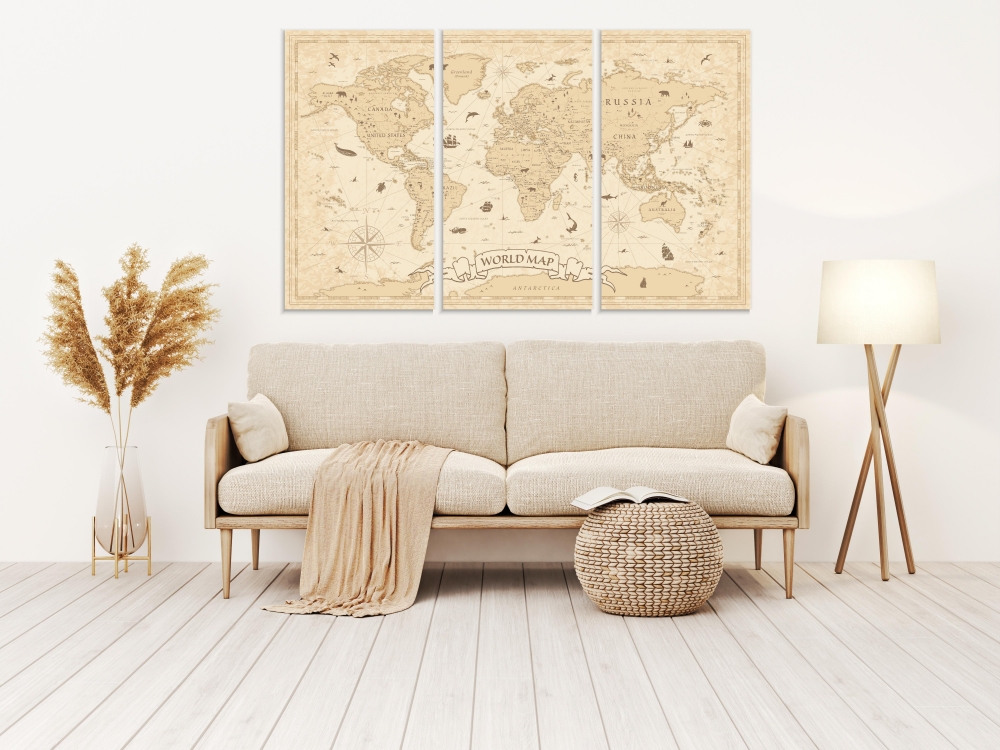 

Картина на холсте Модульные Модульная картина Vintage Map Of The World 3 картины 70х140 см.
