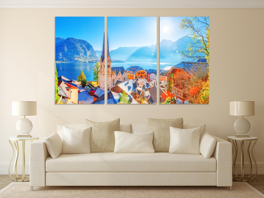 

Картина на холсте Модульные Модульная картина Austria Hallstatt Historical Village 3 картины 45х90 см.