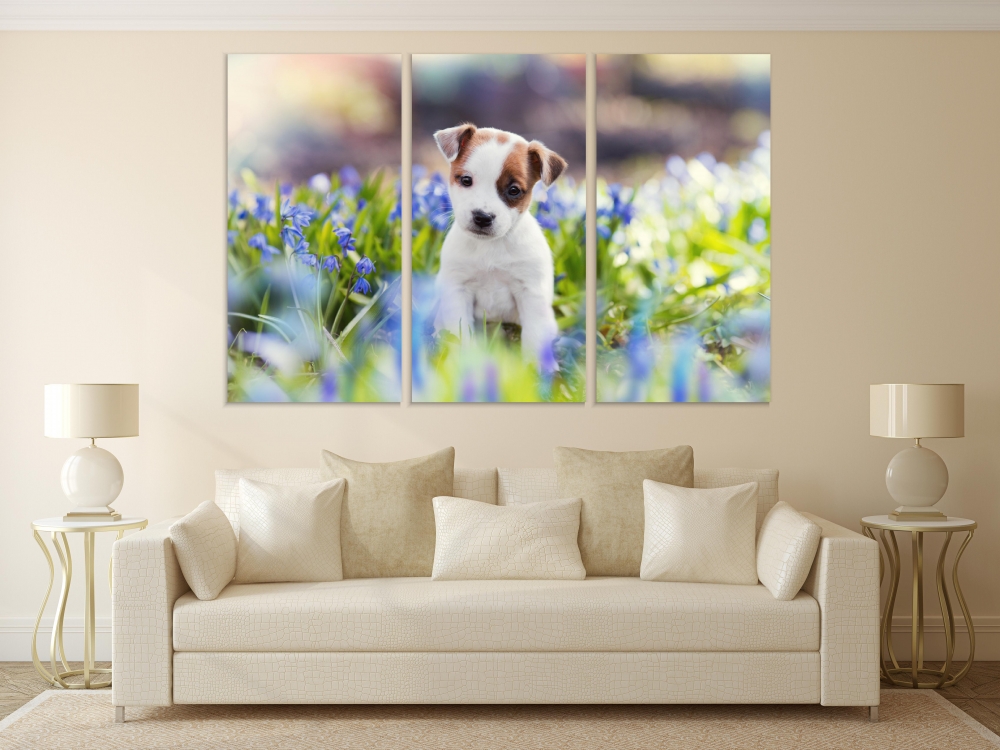 

Картина на холсте Модульные Модульная картина Puppy Sitting In Flowers 3 картины 60х120 см.