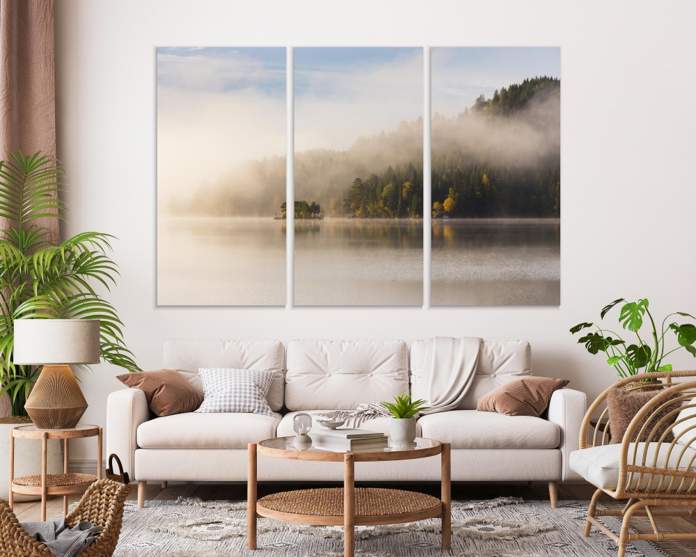 

Картина на холсте Модульные Модульная картина Туманное осеннее утро у озера Йонсватнет. Восход солнца. Район Тронхейма в Норвегии. 3 картины 60х120 см.