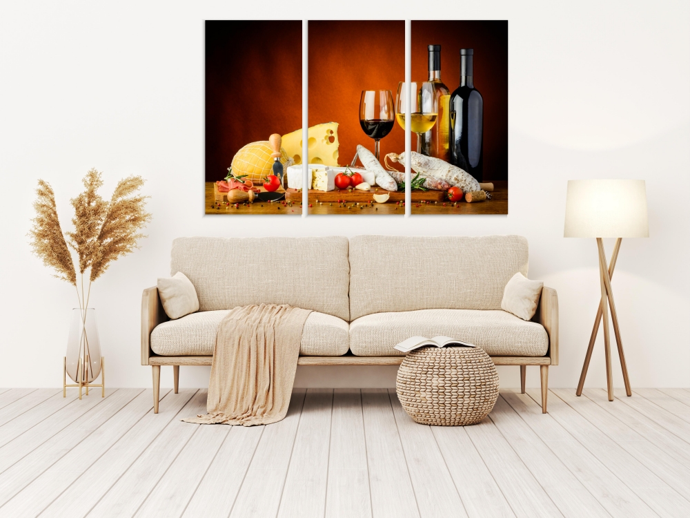 

Картина на холсте Модульные Модульная картина Wine And Cheese Composition 3 картины 25х50 см.