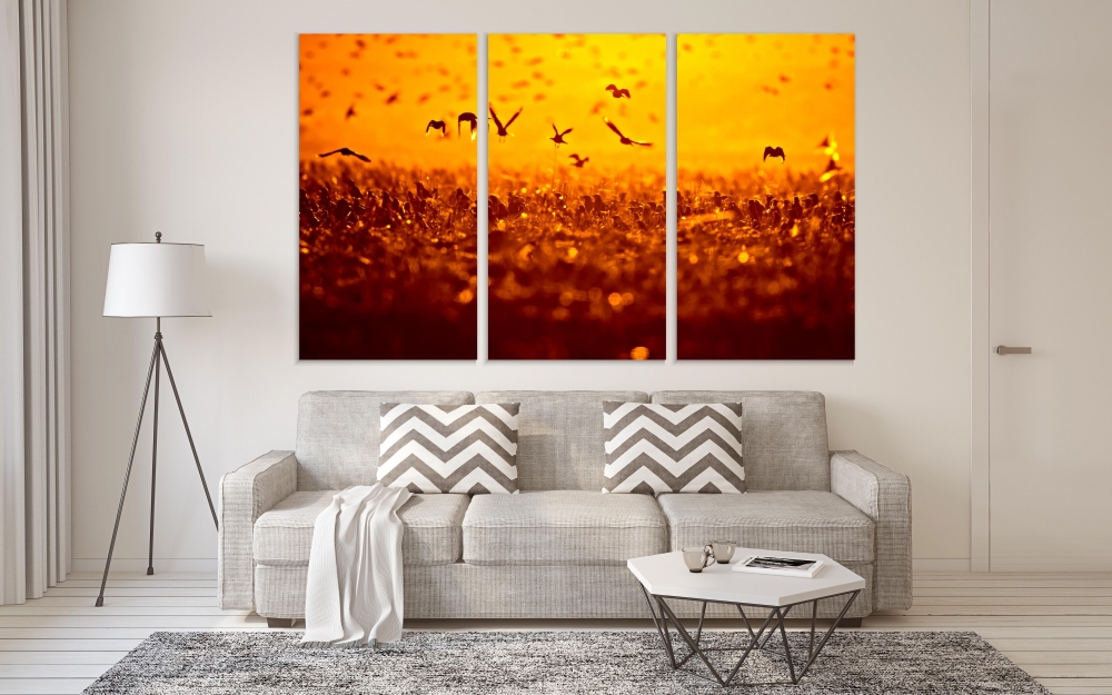 

Картина на холсте Модульные Модульная картина Sunset And Birds 3 картины 70х140 см.