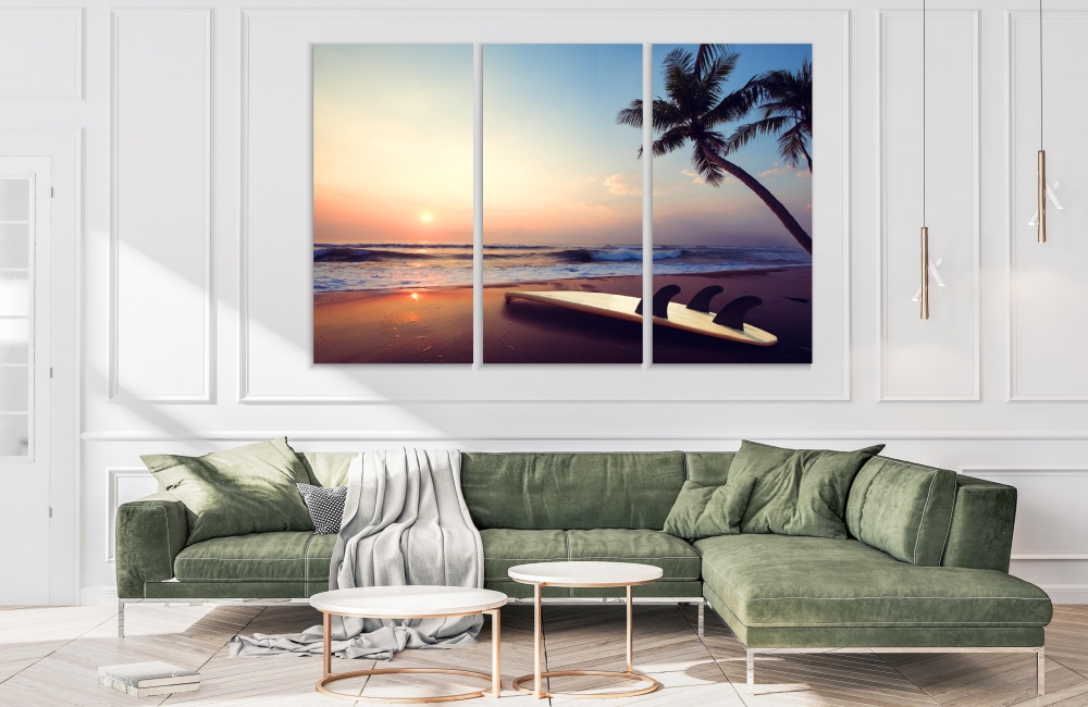 

Картина на холсте Модульные Модульная картина Surf Board On A Tropical Beach 3 картины 70х140 см.