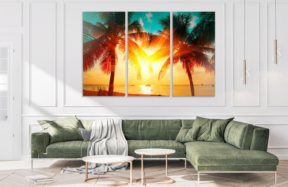 

Картина на холсте Модульные Модульная картина Sunset Beach с пальмами и красивым небом 3 картины 25х50 см.