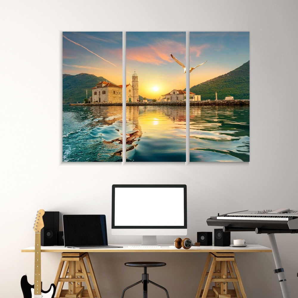 

Картина на холсте Модульные Модульная картина Church Of Our Lady Of The Rocks On Island Near Town Perast, Kotor Bay, Montenegro 3 картины 30х60 см.