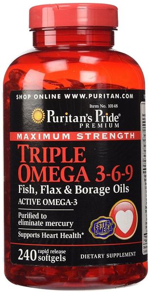 

Комплекс Омега 3 6 9 Triple Omega 3-6-9 Fish, Flax&Borage Oils Puritan's Pride тройная силальняное и огуречное масло 240 капсул (PP231)
