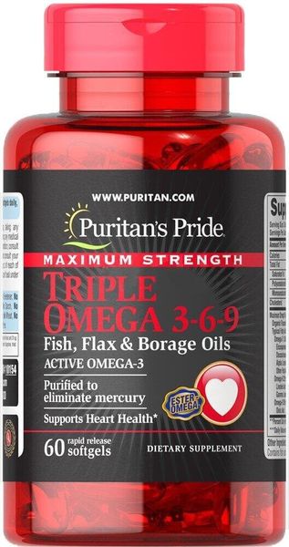 

Комплекс Maximum Strength Triple Omega 3 6 9 Fish, Flax & Borage Oils Puritan's Pride масло льна и бораго 60 капсул (PP230)