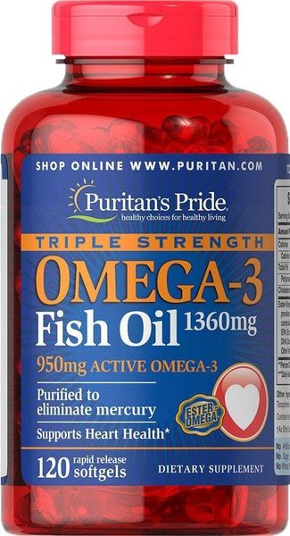 

Омега-3 рыбий жир Omega-3 Fish Oil Puritan's Pride 1360 мг 950 мг активного 120 капсул (PP238)