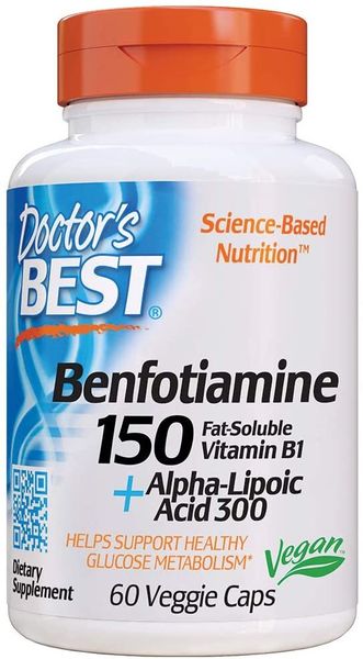 

Альфа-липоевая кислота + Бенфотиамин Benfotiamine + Alpha-Lipoic Acid Doctor's Best 150/300 мг 60 капсул (DB050)