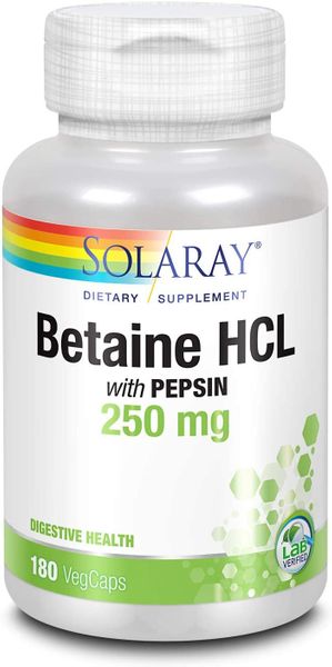 

Бетаин HCl + пепсин HCL with Pepsin Solaray 250 мг 180 капсул (SR083)