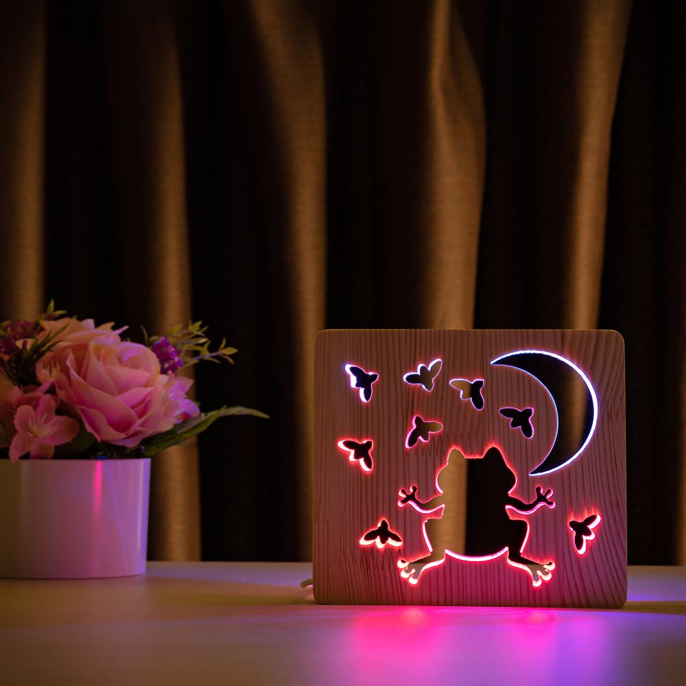 

Светильник ночник ArtEco Light из дерева LED "Лягушка и сверчки" с пультом и регулировкой цвета, двойной RGB