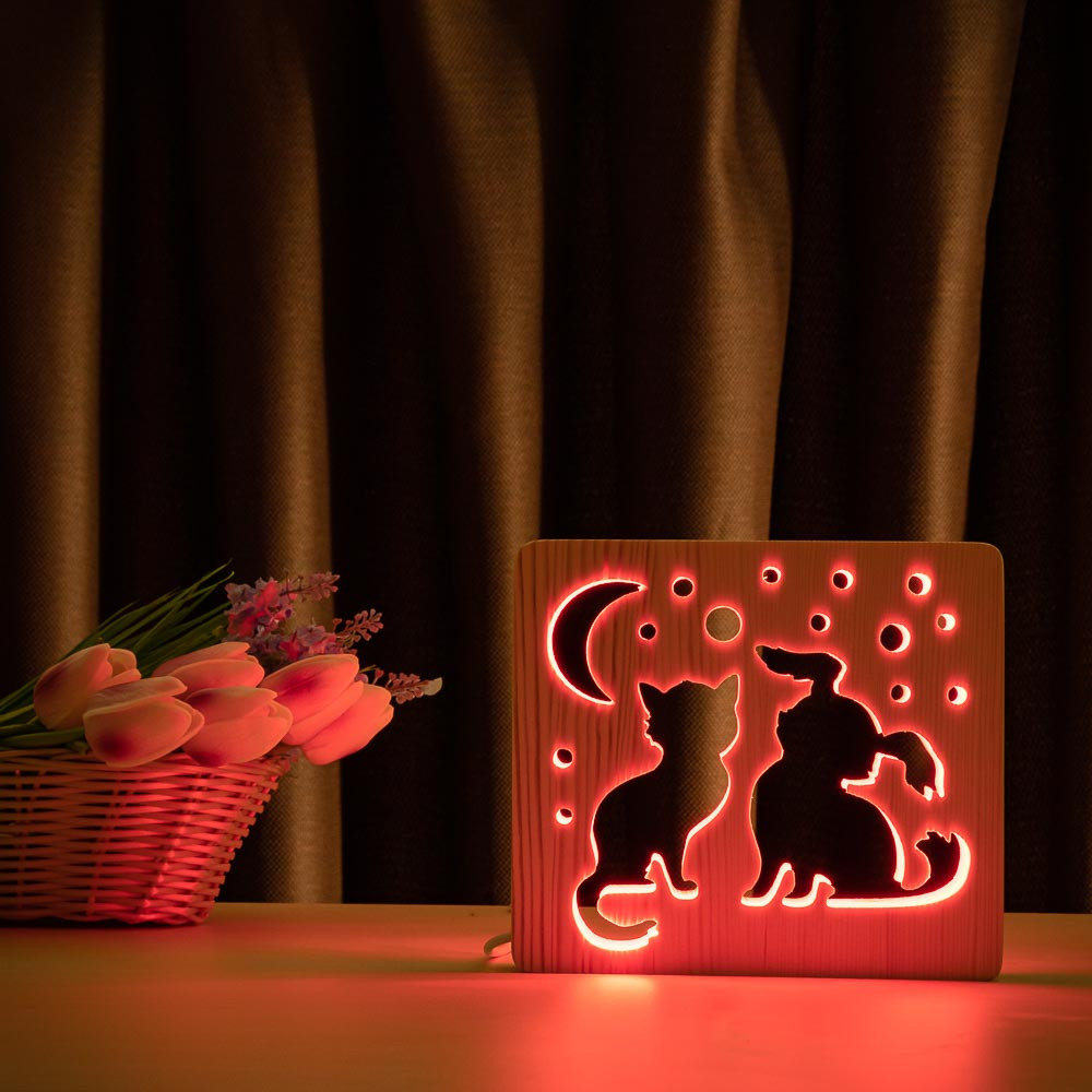 

Светильник ночник ArtEco Light из дерева LED "Кот и собачка" с пультом и регулировкой цвета, RGB