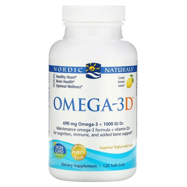 

Рыбий жир + витамин D3 Omega-3D Nordic Naturals лимон 690 мг + 1000 МЕ 120 капсул (NN092)