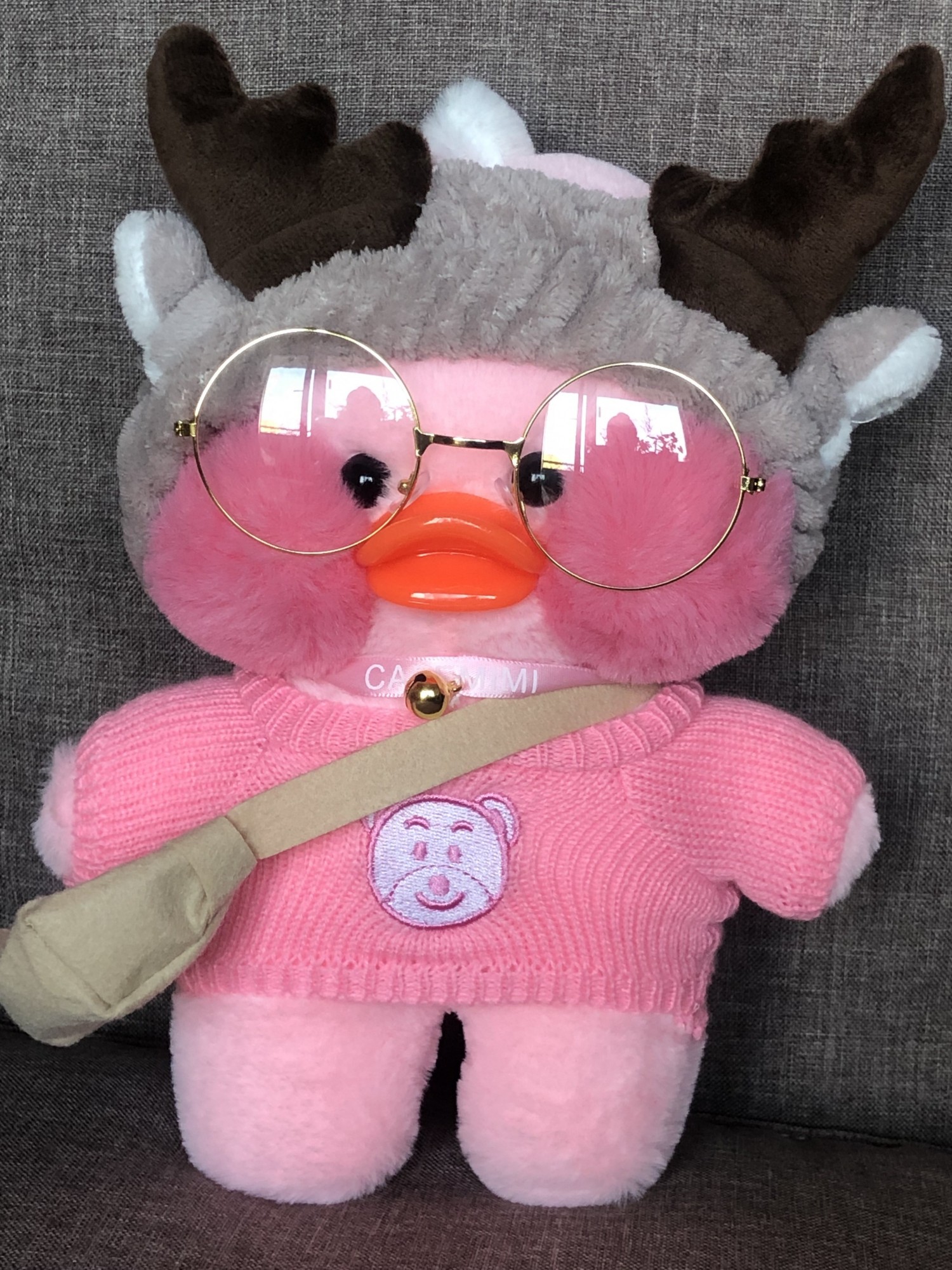 

Плюшевая Игрушка Уточка Лалафан Lalafanfan Duck 30см в розовом свитере с мишкой