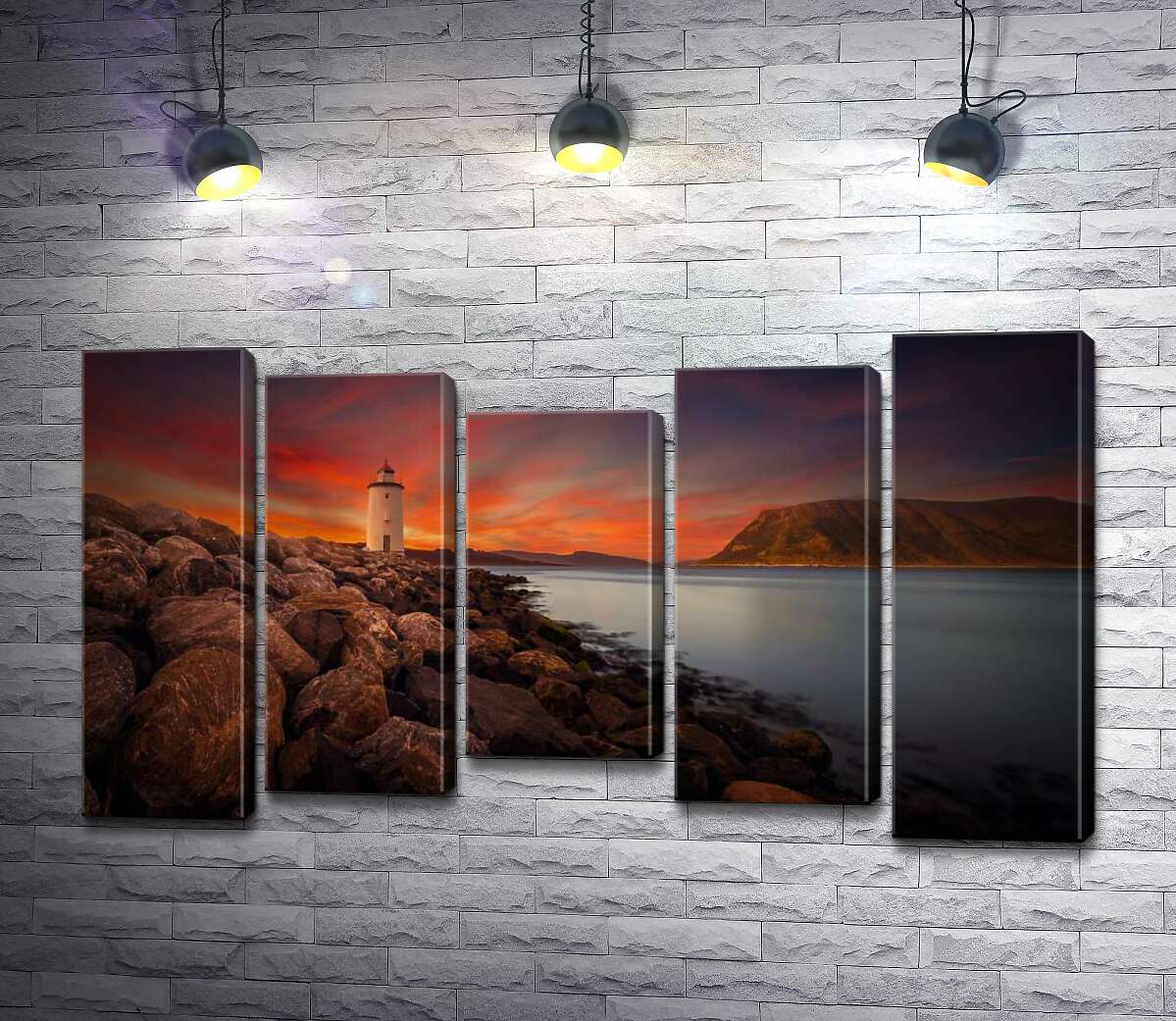 

Модульная картина ArtPoster Белый силуэт маяка на каменистом берегу в облаках розовых перьев туч 100x59 см Модуль №28