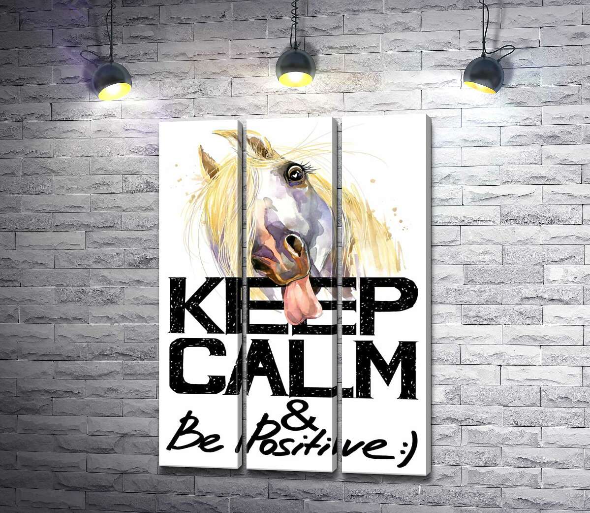 

Модульная картина ArtPoster Белый конь показывает язык над надписью "keep calm and be positive" 102x146 см Модуль №11