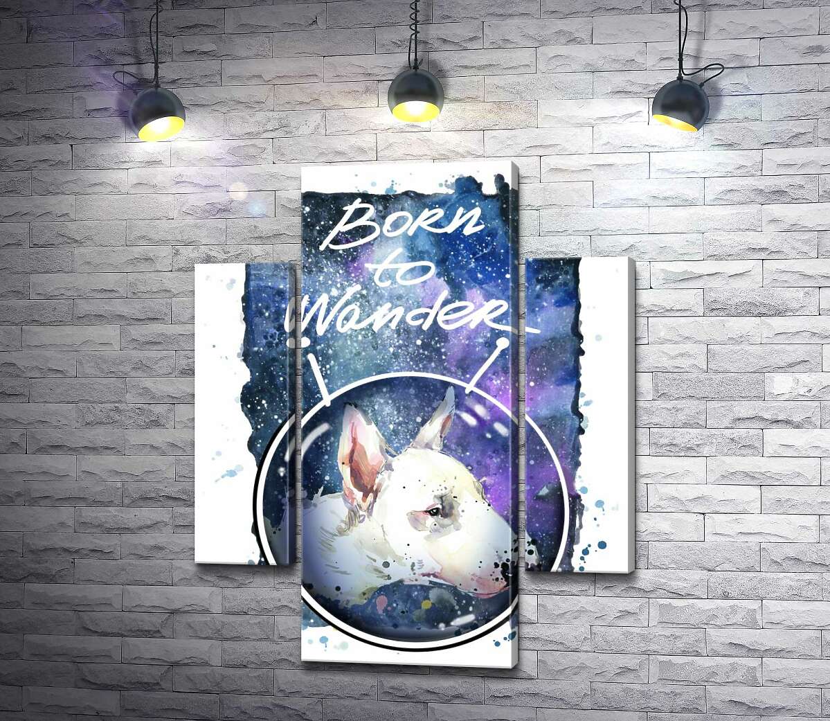 

Модульная картина ArtPoster Белый бультерьер в шлеме космонавта под надписью "born to wander" 131x168 см Модуль №7
